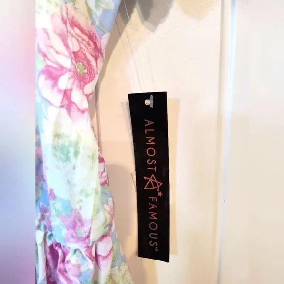 Almost Famous Women's Junior Blouse, Large, Puff Sleeve Pastel Rose Pink Blue - Picture 9 of 16